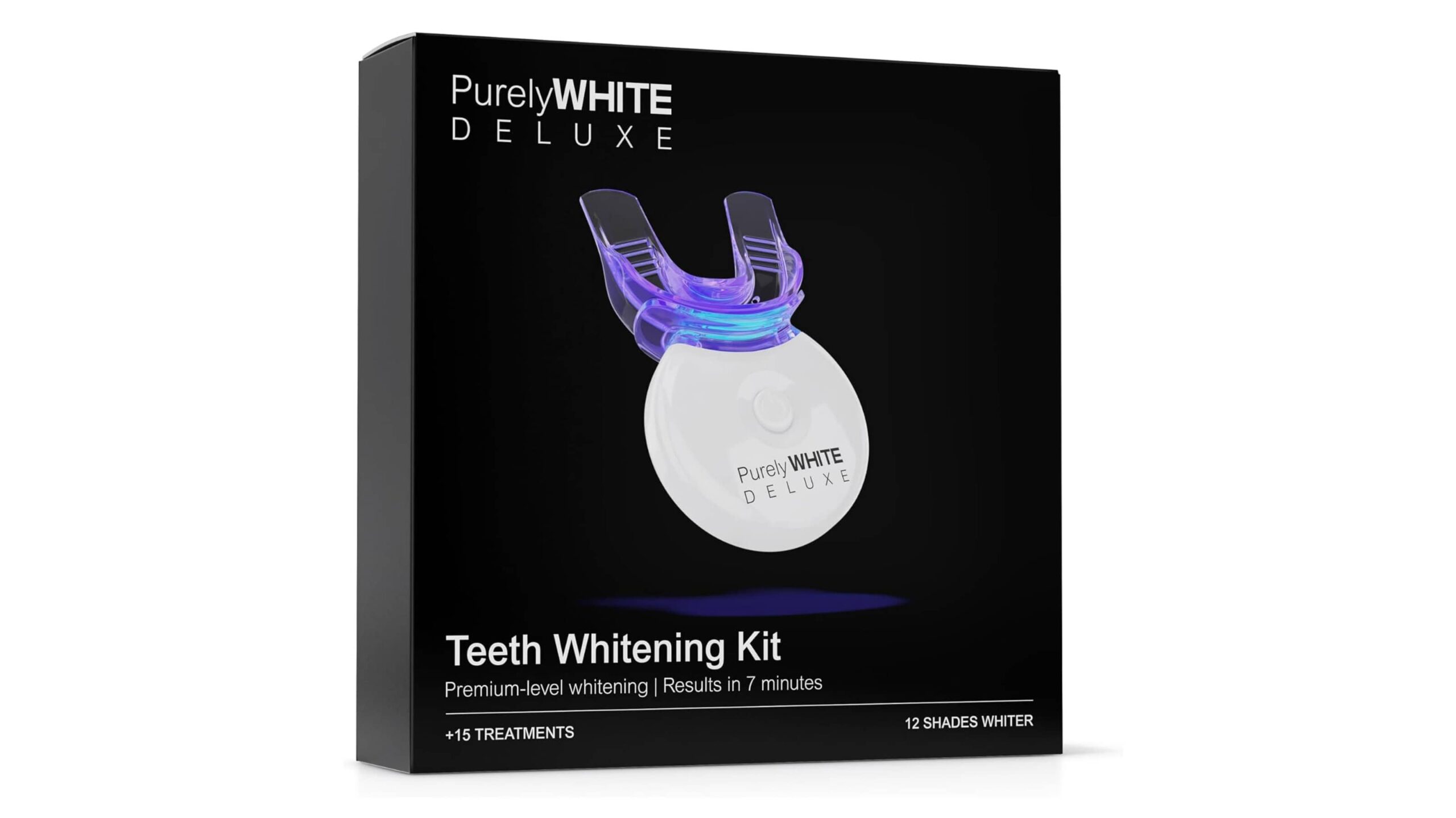 black packet of purelywhite deluxe led teeth whitening kit with 15+ treatments and 3 whitening gel syringes for a whiter smile in 7 minutes
