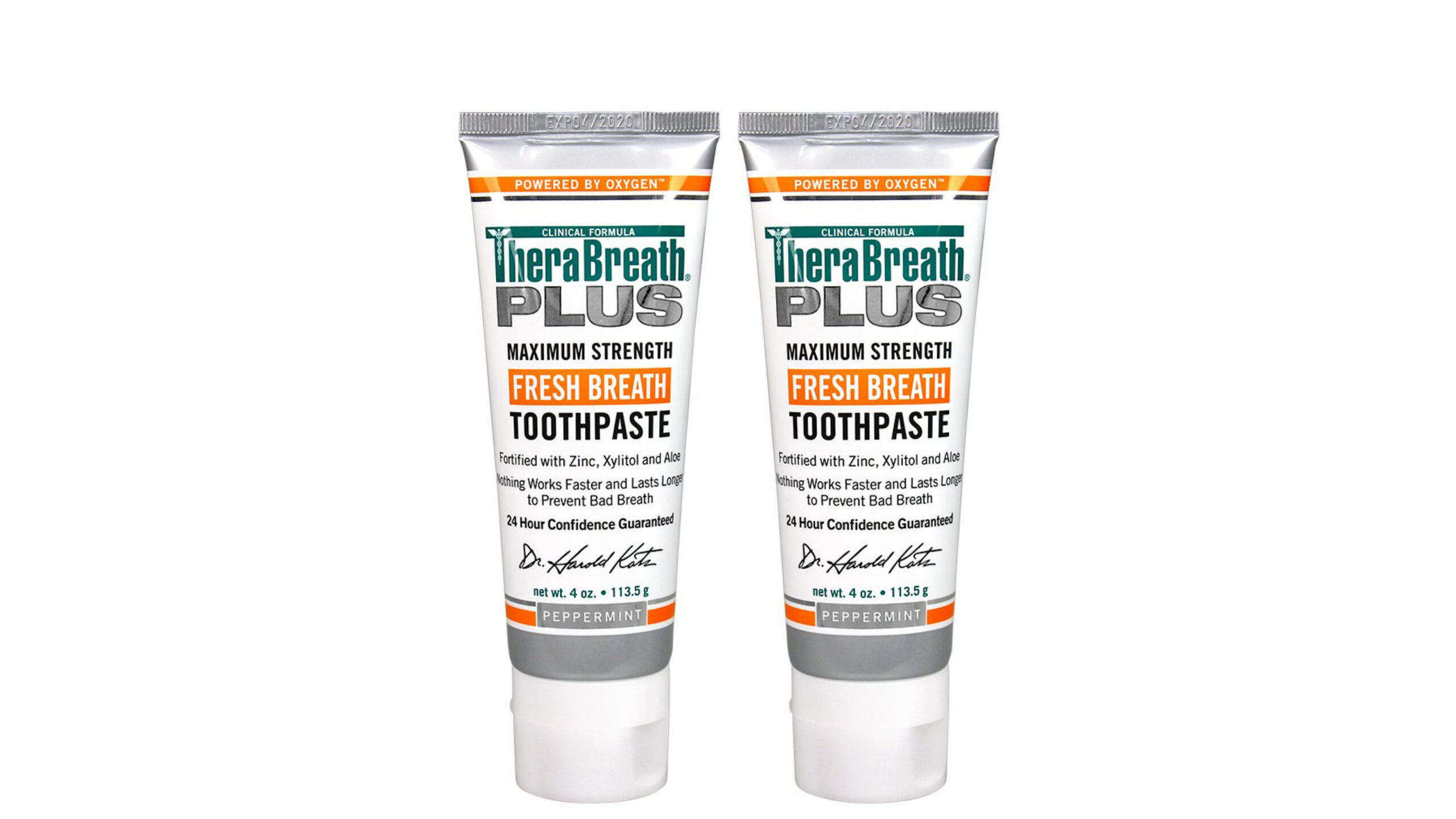 display of two therabreath plus fresh breath maximum strength 24-hour toothpaste with zinc