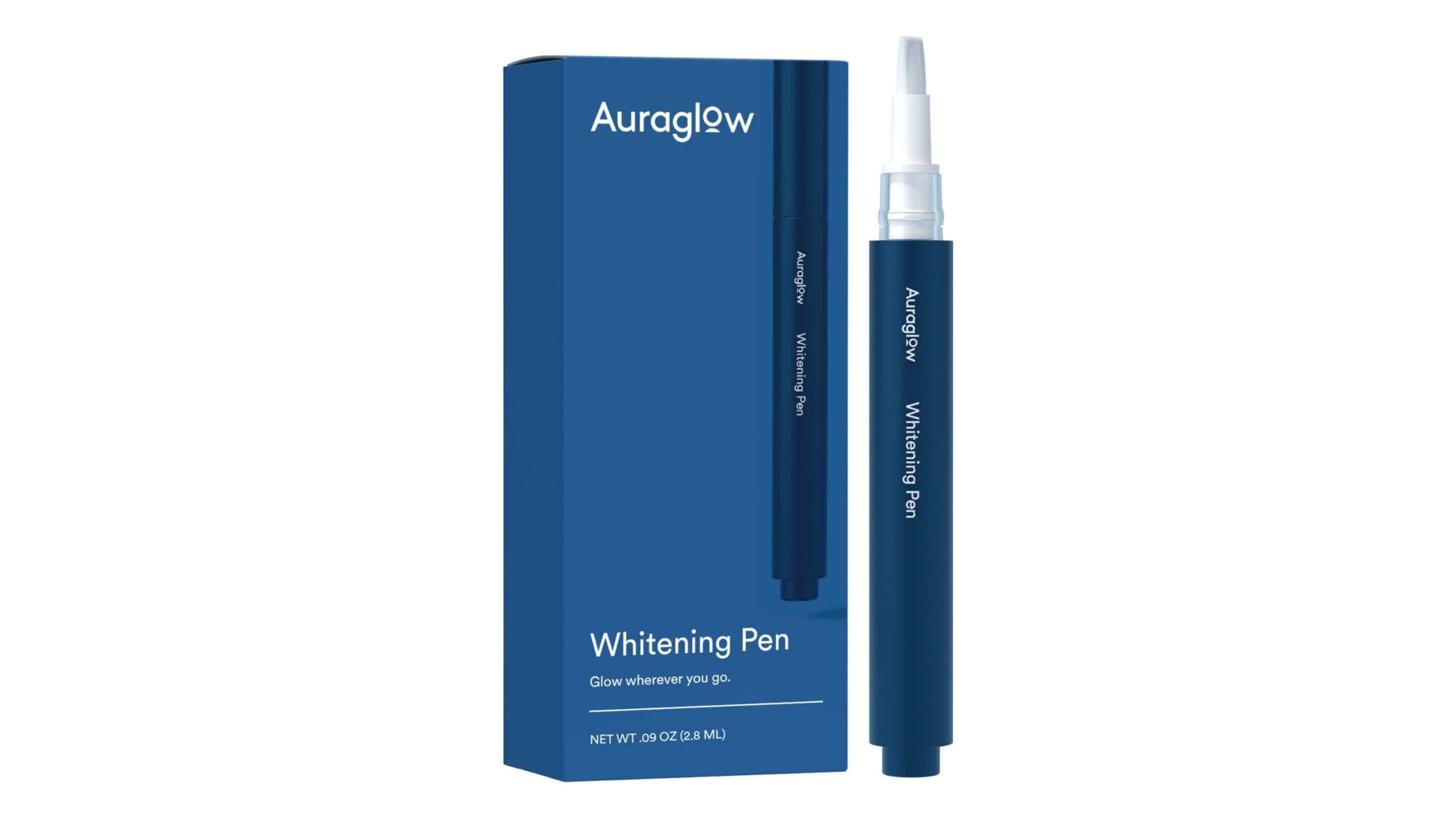 Pack of Auraglow teeth whitening pen, overnight teeth whitening pen with 35% carbamide peroxide, offering 20+ whitening treatments with no sensitivity, 2.8mL