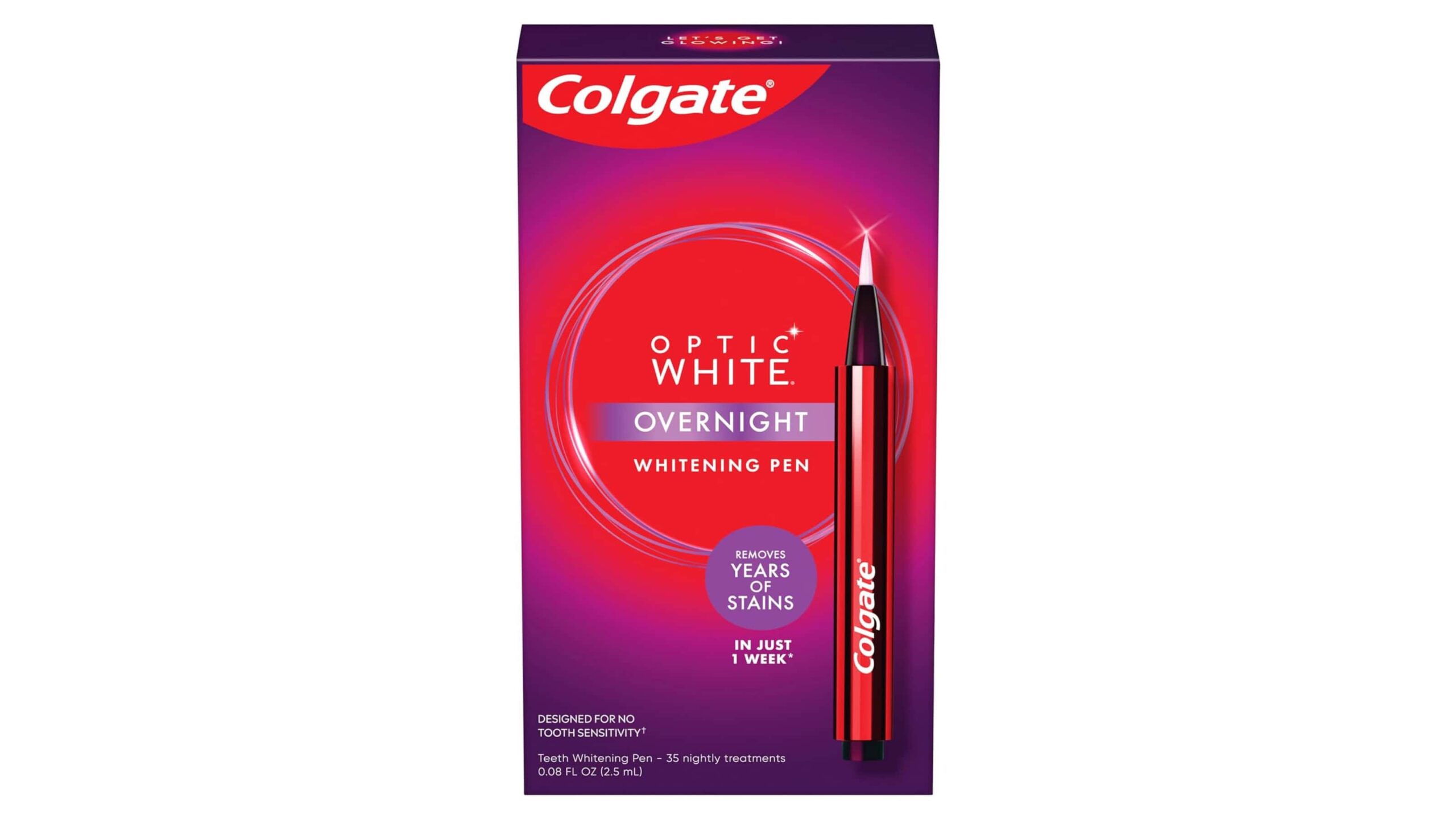 A packet of Colgate Optic White overnight teeth whitening pen, which removes stains and whitens teeth in 35 nightly treatments.