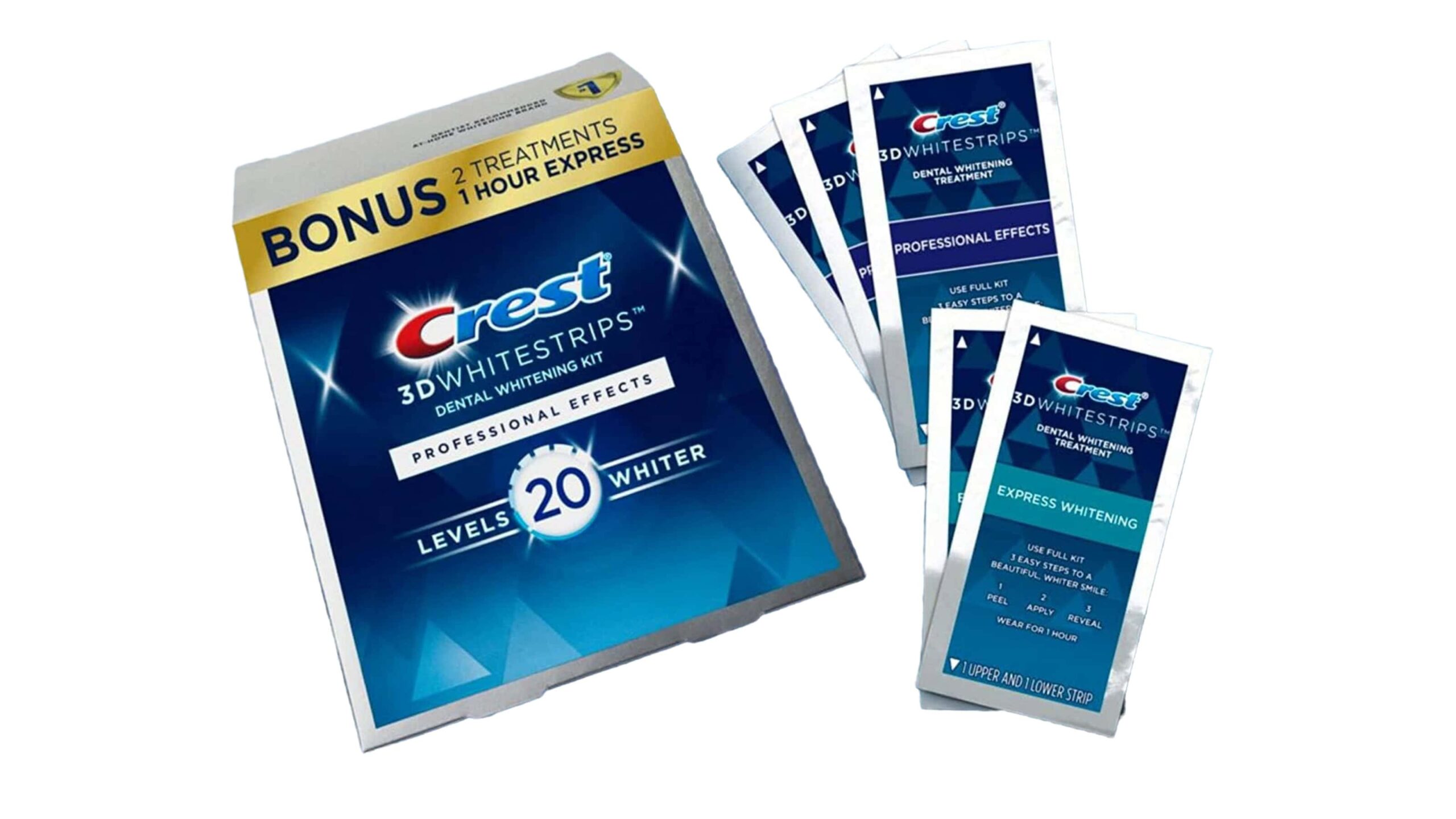A packet of Crest 3D Whitestrips Professional Effects teeth whitening strip kit, which includes 44 strips (22 count pack)