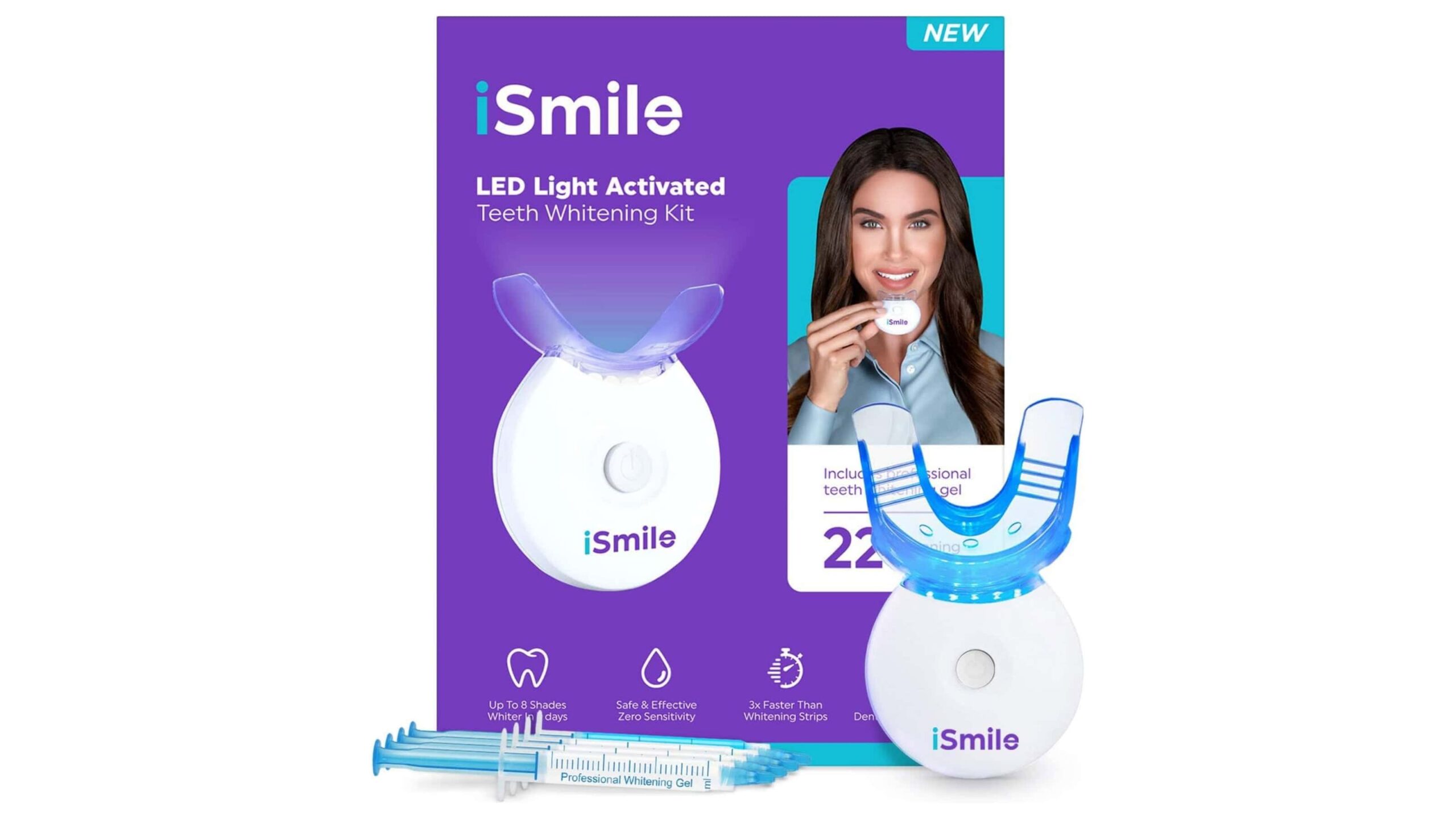 packet of iSmile Teeth Whitening Kit with LED Light, 35% Carbamide Peroxide, 3 Gel Syringes, Remineralization Gel, and Tray